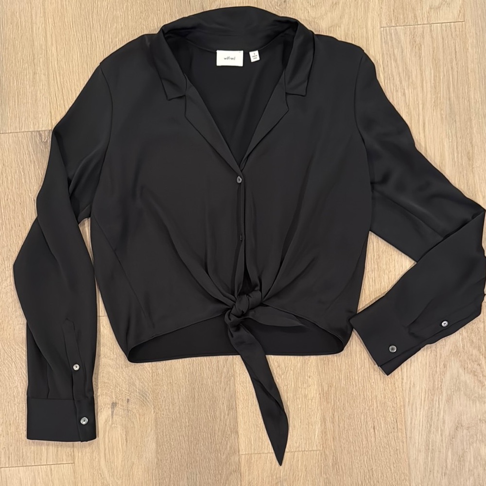 Aritzia Black Button-Up Tie Front Blouse